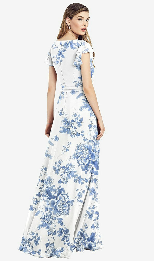 Back View - Cottage Rose Dusk Blue Flutter Sleeve Faux Wrap Chiffon Dress