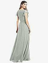 Rear View Thumbnail - Willow Green Flutter Sleeve Faux Wrap Chiffon Dress