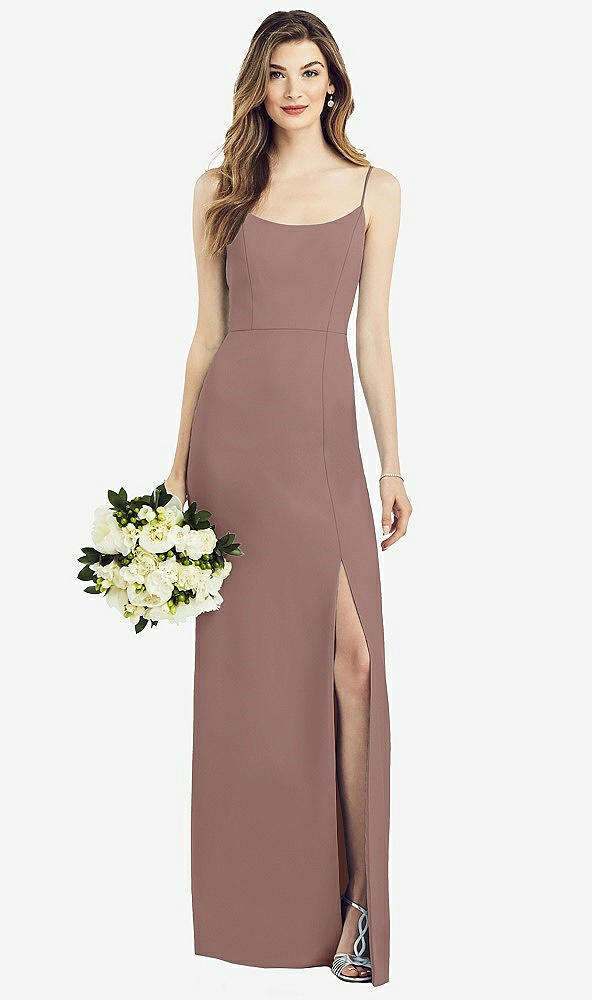 spaghetti strap v-back crepe gown with front slit