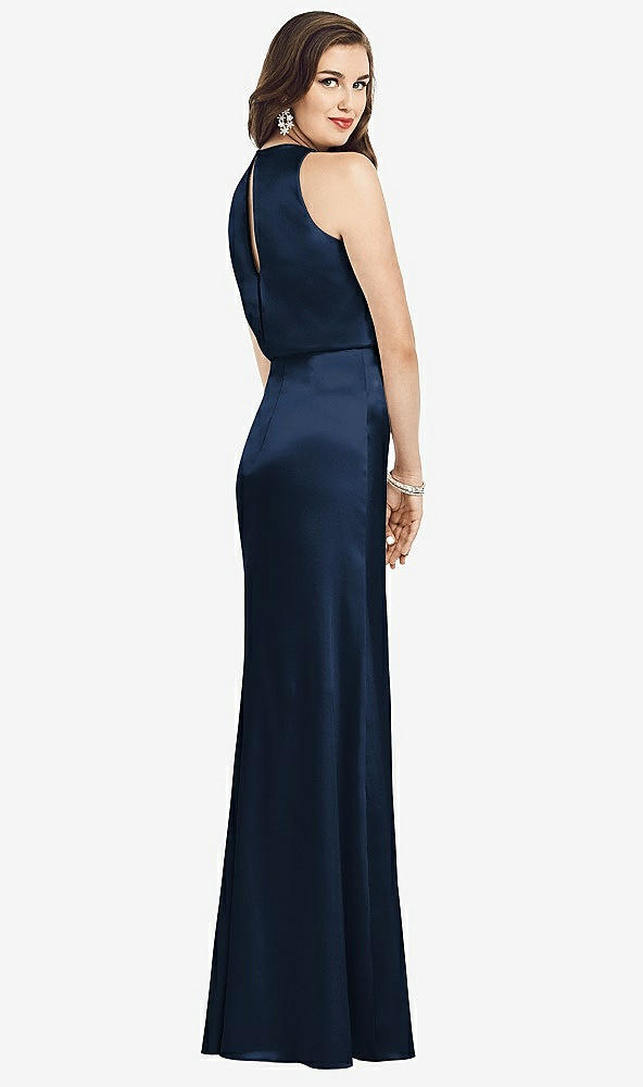 Back View - Midnight Navy Sleeveless Blouson Bodice Trumpet Gown