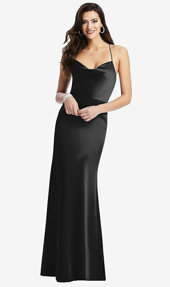 Front View - Black Cowl-Neck Criss Cross Back Slip Dress