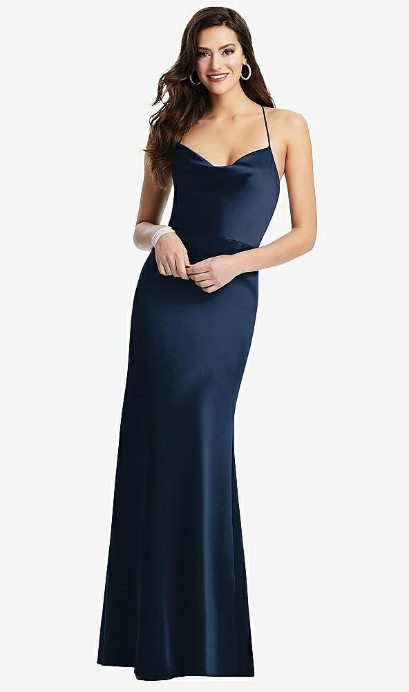 Front View - Midnight Navy Cowl-Neck Criss Cross Back Slip Dress