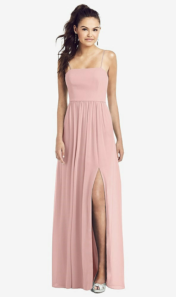 Front View - Rose Slim Spaghetti Strap Chiffon Dress with Front Slit 