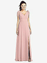 Front View Thumbnail - Rose Bow-Shoulder V-Back Chiffon Gown with Front Slit