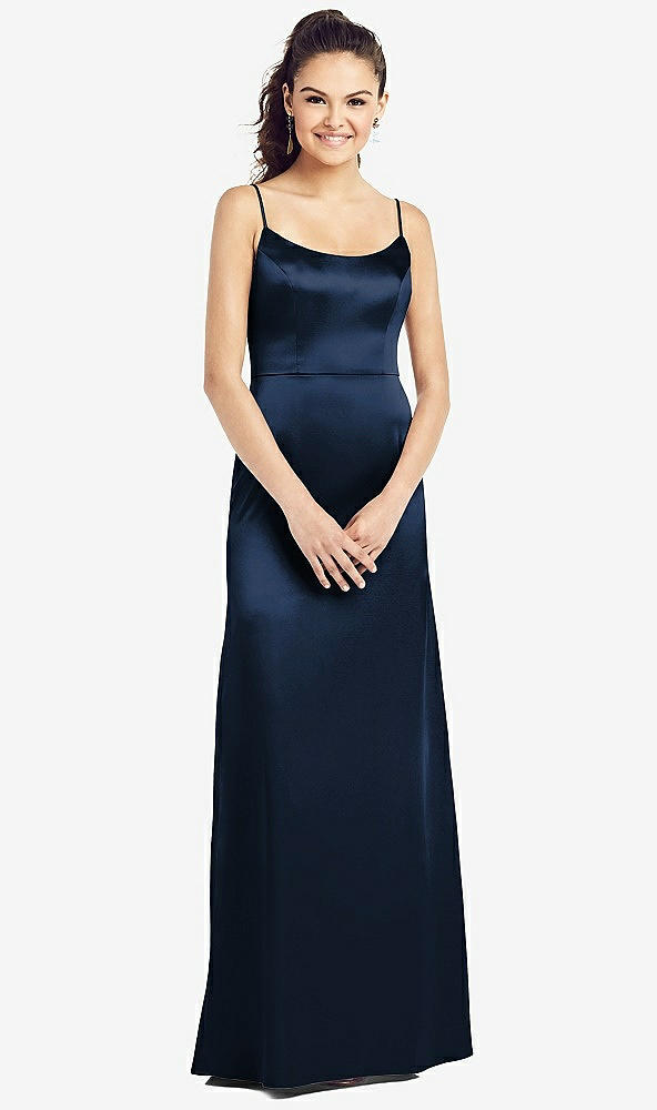 Front View - Midnight Navy Slim Spaghetti Strap V-Back Trumpet Gown