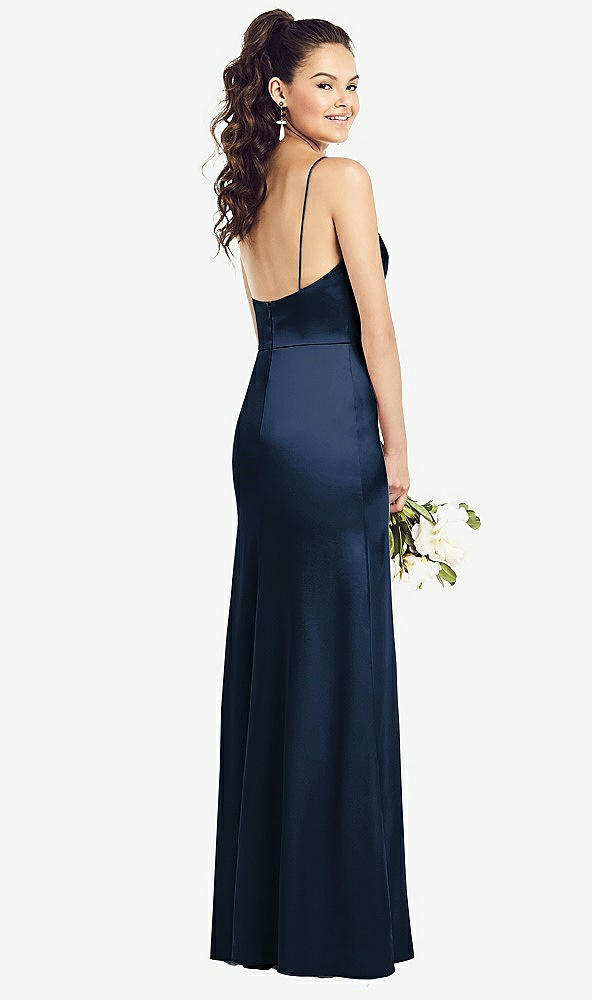 Back View - Midnight Navy Slim Spaghetti Strap Wrap Bodice Trumpet Gown