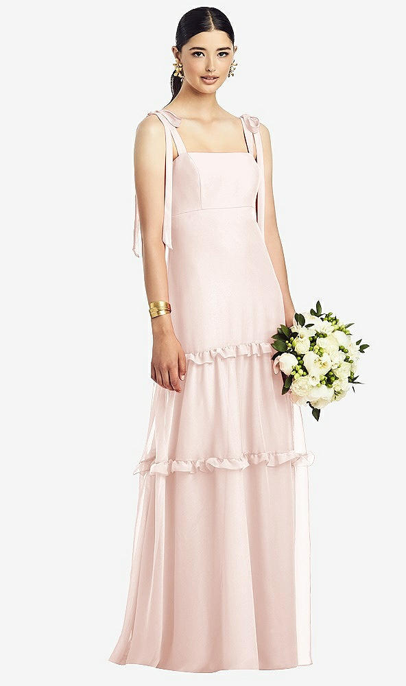 Front View - Blush Bowed Tie-Shoulder Chiffon Dress with Tiered Ruffle Skirt