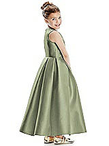 Rear View Thumbnail - Sage Faux Wrap Pleated Skirt Satin Twill Flower Girl Dress with Bow