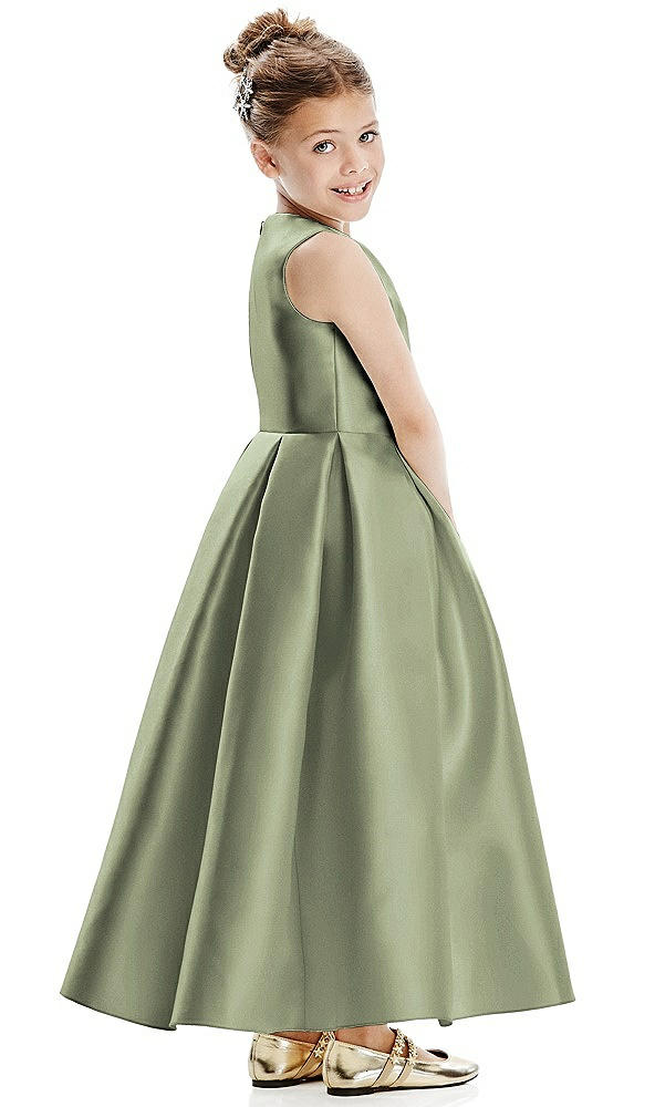 Back View - Sage Faux Wrap Pleated Skirt Satin Twill Flower Girl Dress with Bow