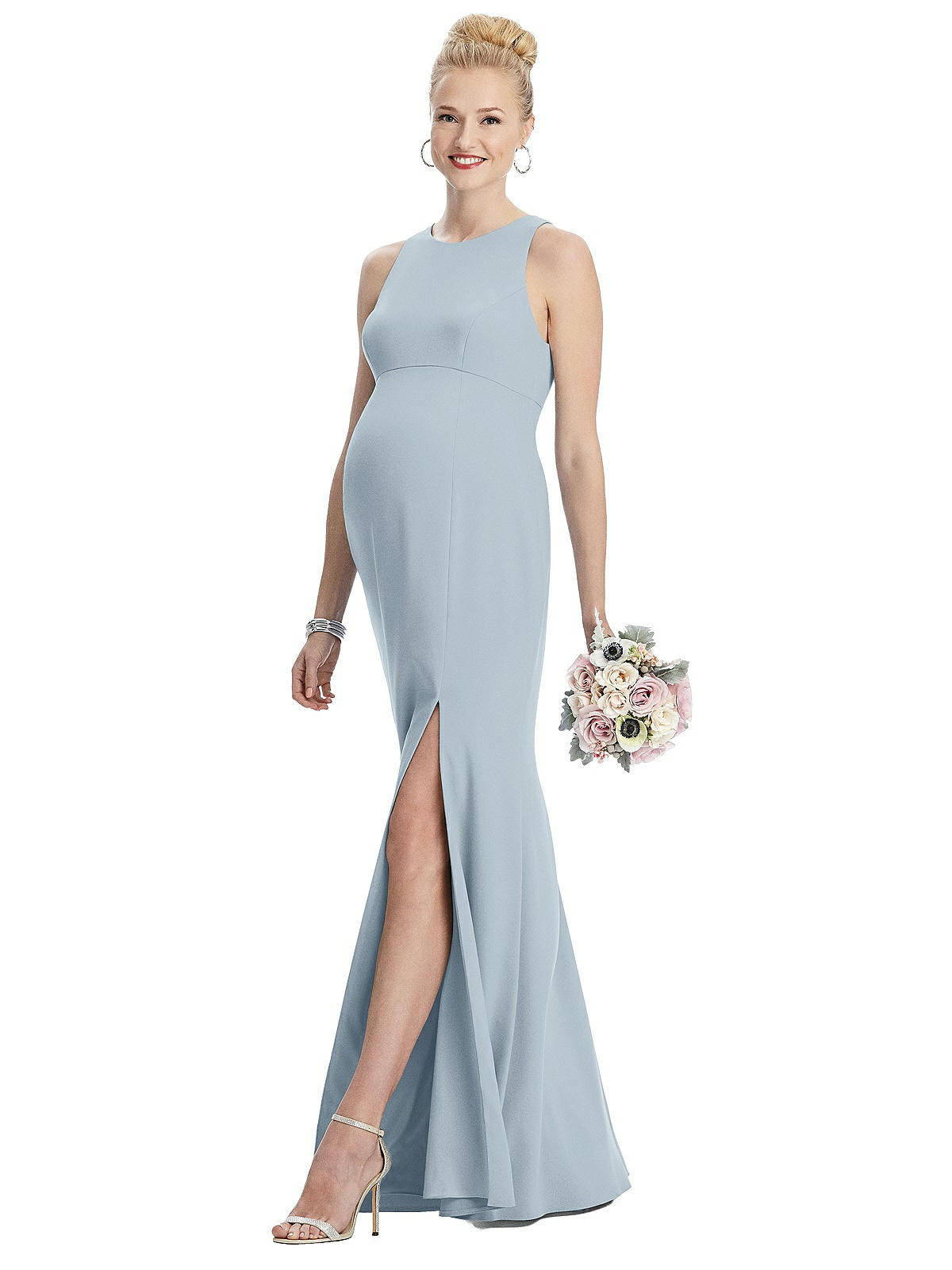 Grey Pregnant Lace Top Modest Illusion Neck Maxi Bridesmaid Dresses