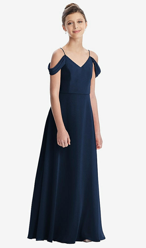 Front View - Midnight Navy Draped Cold Shoulder Chiffon Juniors Dress