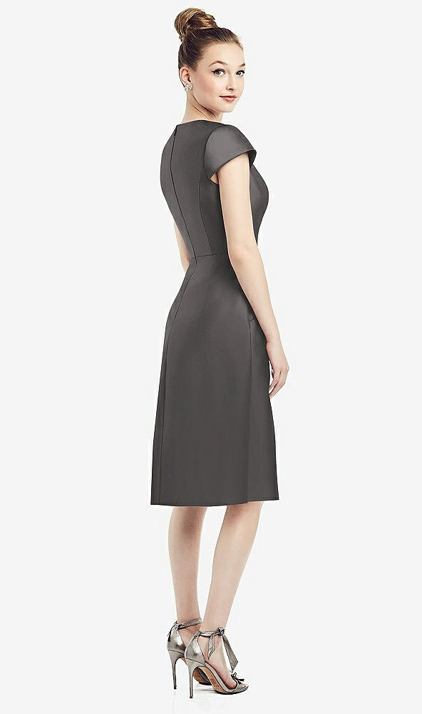 Back View - Caviar Gray Cap Sleeve V-Neck Satin Midi Dress with Pockets