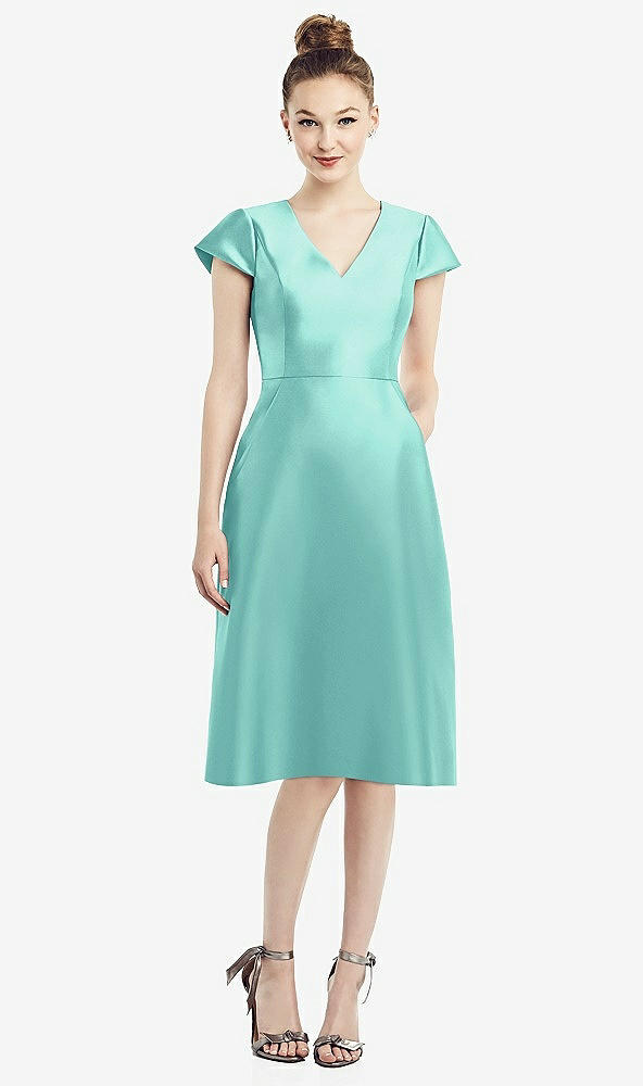 Front View - Coastal Cap Sleeve V-Neck Satin Midi Dress with Pockets