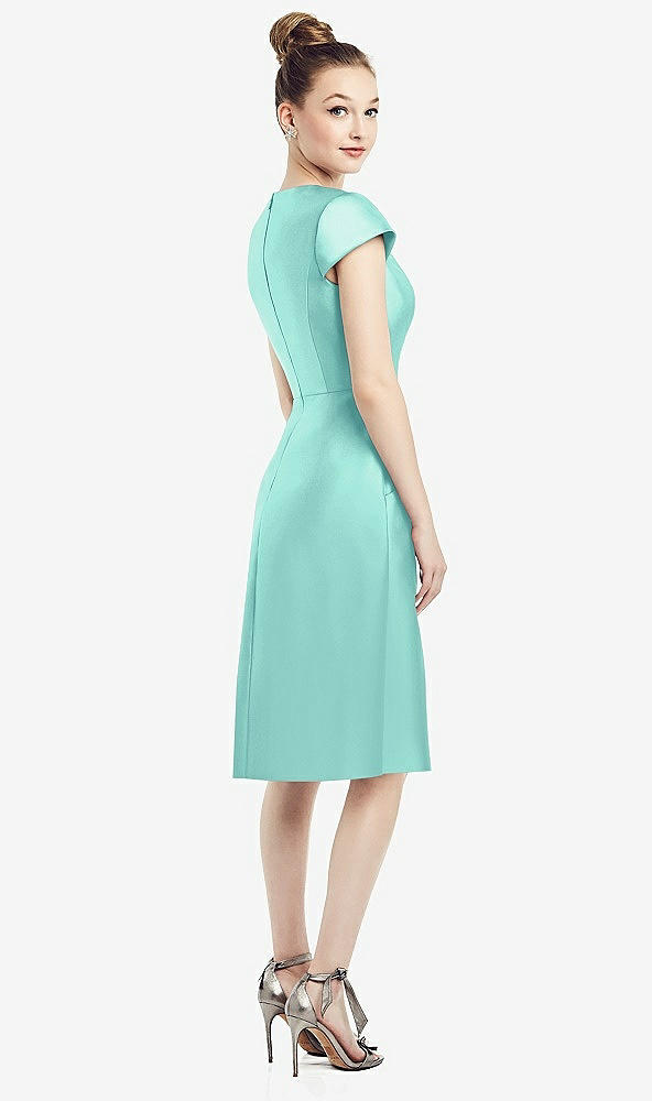 Back View - Coastal Cap Sleeve V-Neck Satin Midi Dress with Pockets