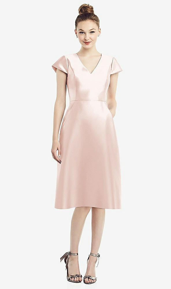 Front View - Blush Cap Sleeve V-Neck Satin Midi Dress with Pockets