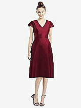 Front View Thumbnail - Burgundy Cap Sleeve V-Neck Satin Midi Dress with Pockets