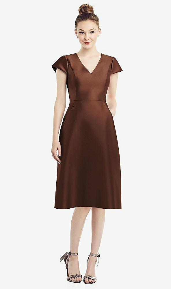 Front View - Cognac Cap Sleeve V-Neck Satin Midi Dress with Pockets