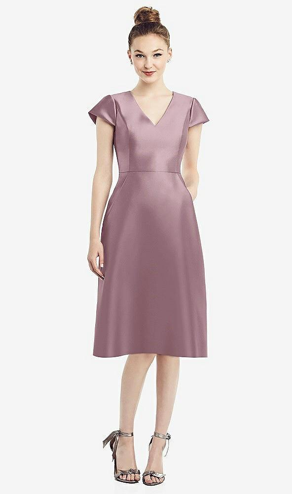 Front View - Dusty Rose Cap Sleeve V-Neck Satin Midi Dress with Pockets