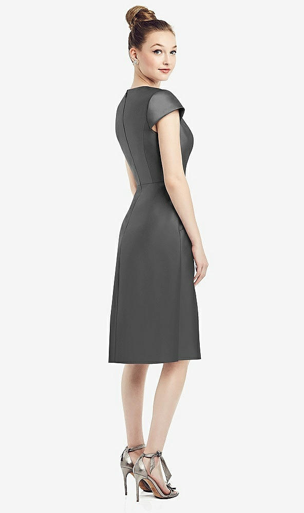 Back View - Gunmetal Cap Sleeve V-Neck Satin Midi Dress with Pockets