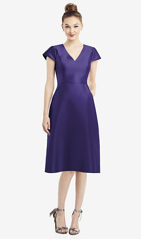 Front View - Grape Cap Sleeve V-Neck Satin Midi Dress with Pockets