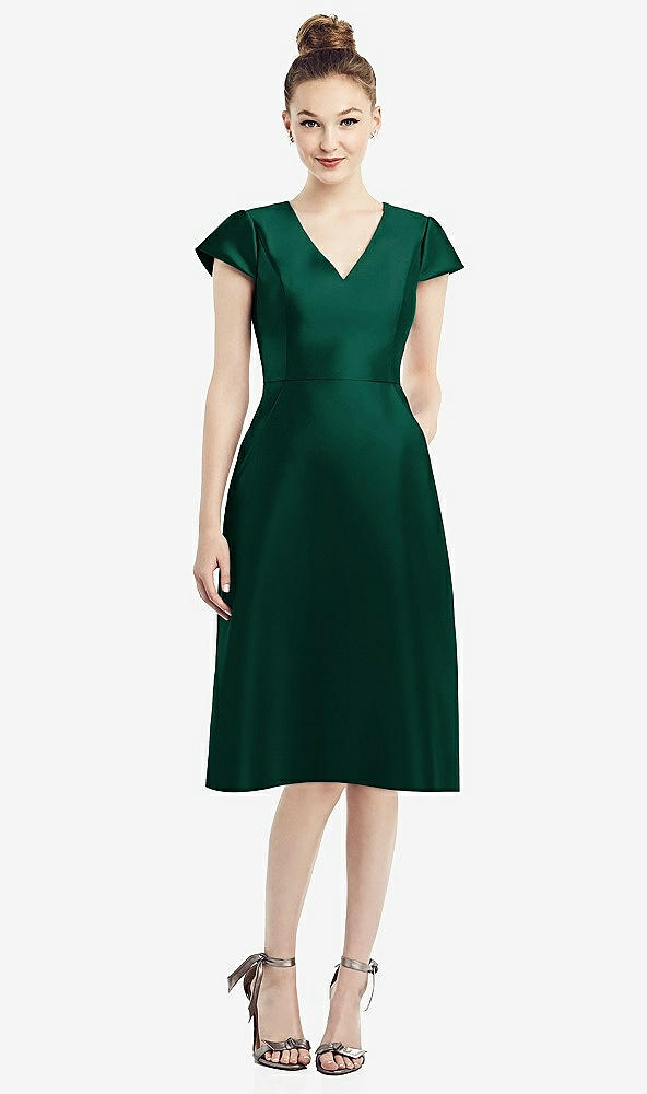 Front View - Hunter Green Cap Sleeve V-Neck Satin Midi Dress with Pockets