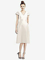 Front View Thumbnail - Ivory Cap Sleeve V-Neck Satin Midi Dress with Pockets