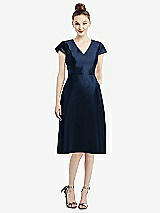 Front View Thumbnail - Midnight Navy Cap Sleeve V-Neck Satin Midi Dress with Pockets