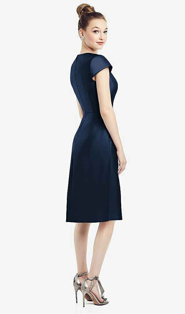 Back View - Midnight Navy Cap Sleeve V-Neck Satin Midi Dress with Pockets