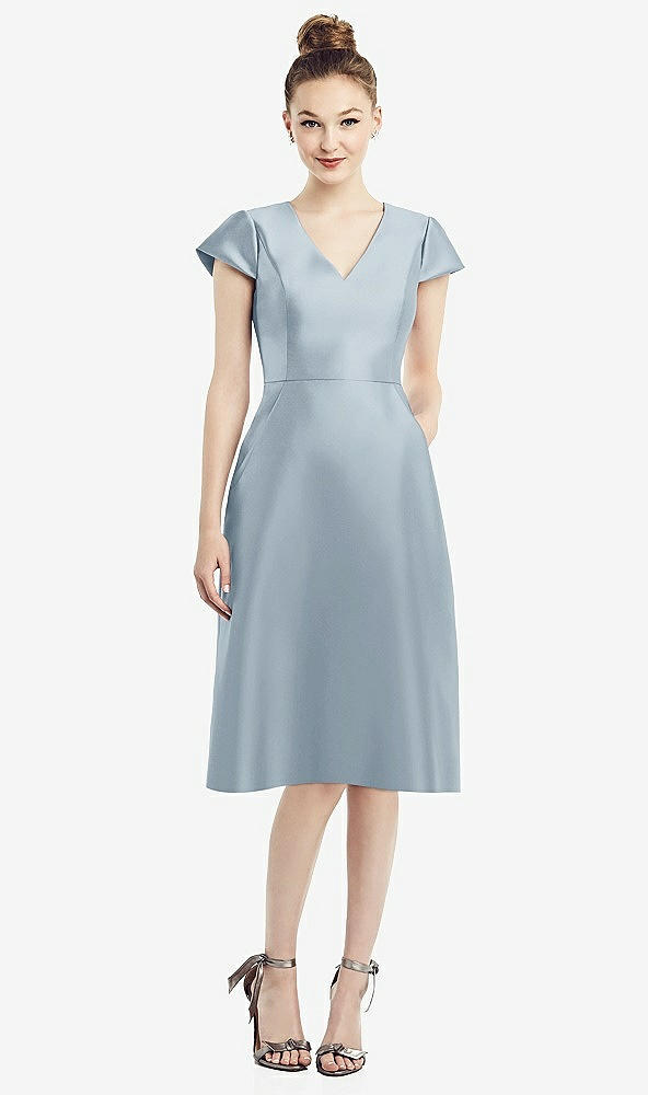 Front View - Mist Cap Sleeve V-Neck Satin Midi Dress with Pockets