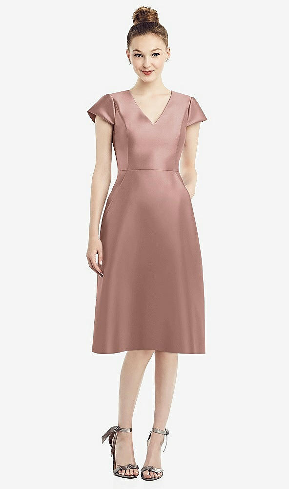 Front View - Neu Nude Cap Sleeve V-Neck Satin Midi Dress with Pockets