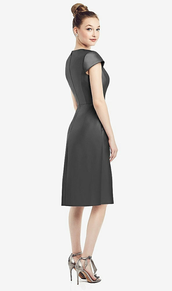 Back View - Pewter Cap Sleeve V-Neck Satin Midi Dress with Pockets