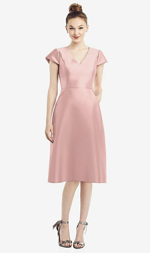 Front View - Rose Cap Sleeve V-Neck Satin Midi Dress with Pockets