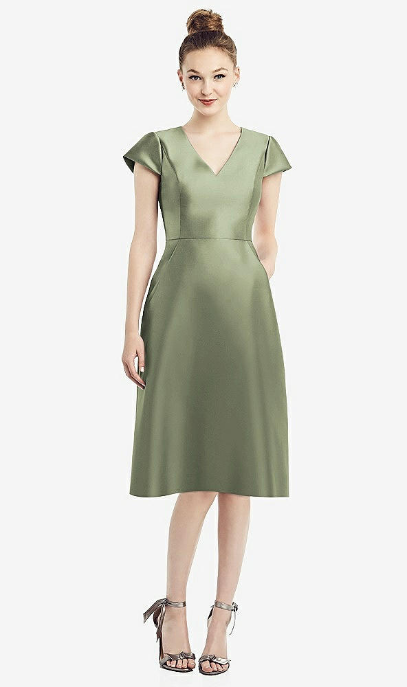 Front View - Sage Cap Sleeve V-Neck Satin Midi Dress with Pockets