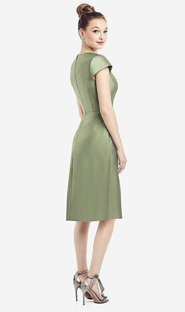 Back View - Sage Cap Sleeve V-Neck Satin Midi Dress with Pockets