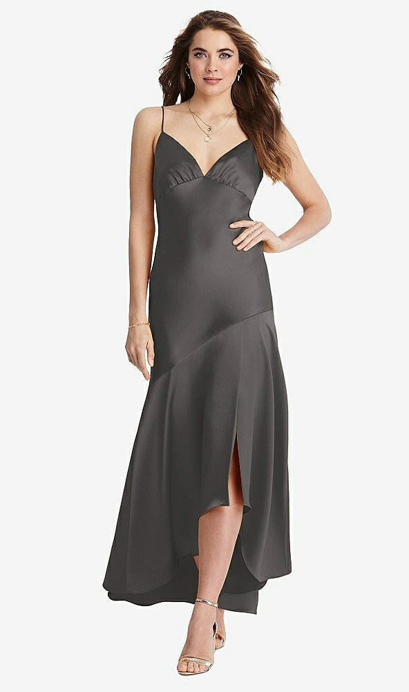 Front View - Caviar Gray Asymmetrical Drop Waist High-Low Slip Dress - Devon