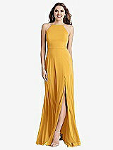 Front View Thumbnail - NYC Yellow High Neck Chiffon Maxi Dress with Front Slit - Lela