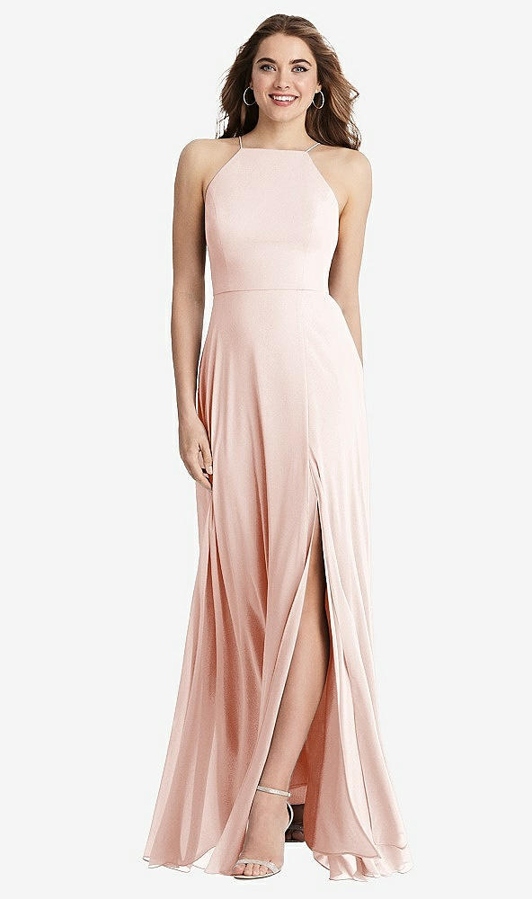 Front View - Blush High Neck Chiffon Maxi Dress with Front Slit - Lela