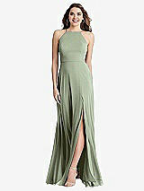 Front View Thumbnail - Sage High Neck Chiffon Maxi Dress with Front Slit - Lela