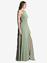 Side View Thumbnail - Sage High Neck Chiffon Maxi Dress with Front Slit - Lela