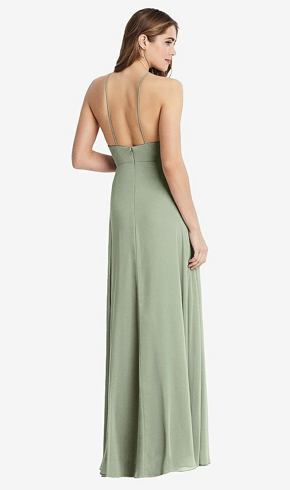 Back View - Sage High Neck Chiffon Maxi Dress with Front Slit - Lela