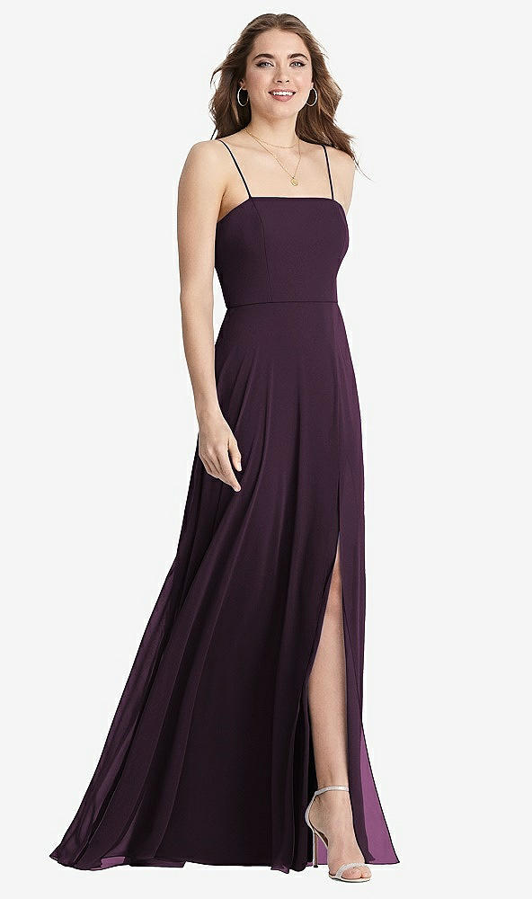 Front View - Aubergine Square Neck Chiffon Maxi Dress with Front Slit - Elliott