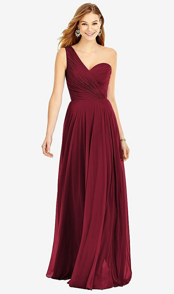 Front View - Burgundy One-Shoulder Draped Chiffon Maxi Dress - Dani