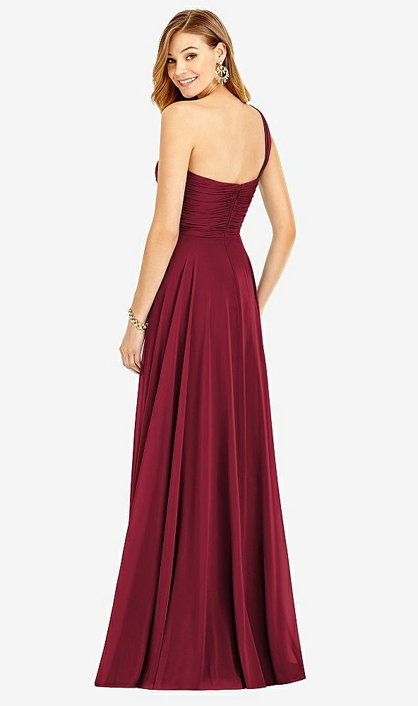 Back View - Burgundy One-Shoulder Draped Chiffon Maxi Dress - Dani