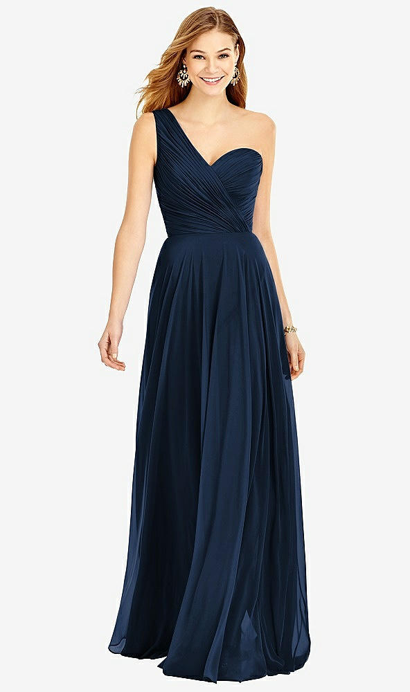 Front View - Midnight Navy One-Shoulder Draped Chiffon Maxi Dress - Dani