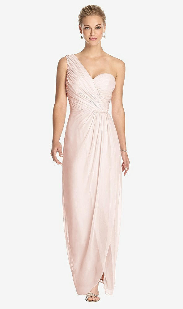 Front View - Blush One-Shoulder Draped Maxi Dress with Front Slit - Aeryn