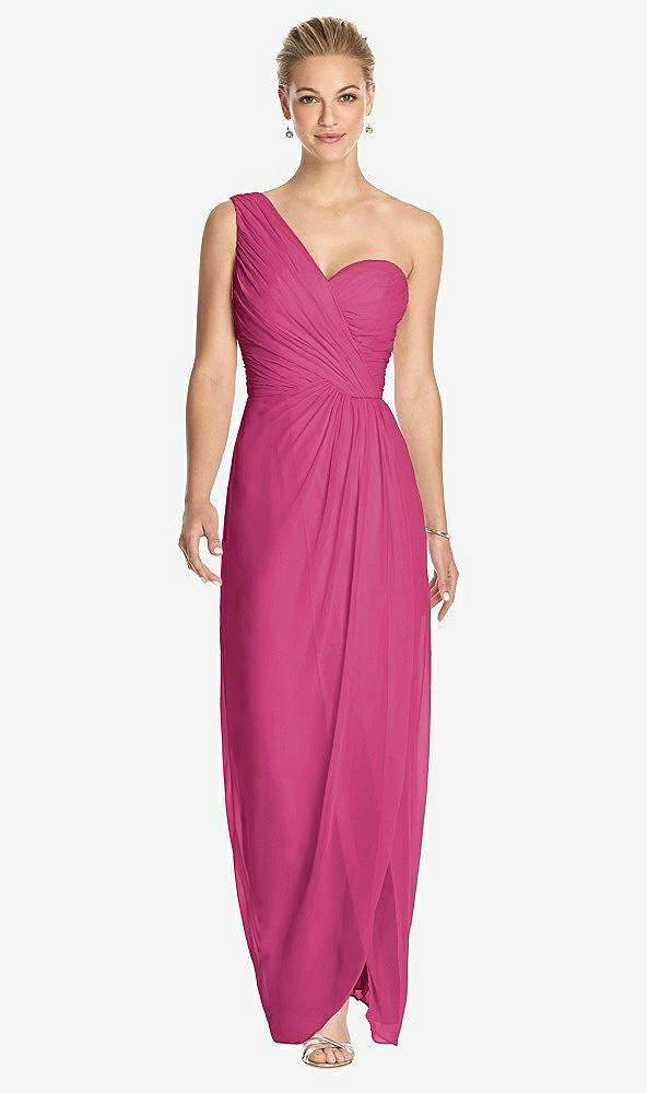 Front View - Tea Rose One-Shoulder Draped Maxi Dress with Front Slit - Aeryn