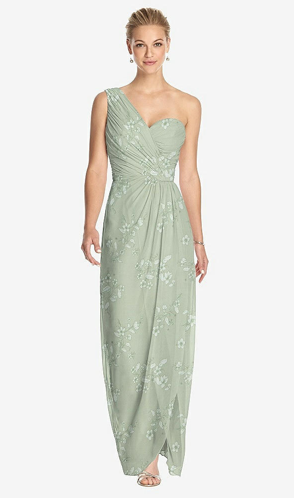 Front View - Vintage Primrose Sage One-Shoulder Draped Maxi Dress with Front Slit - Aeryn