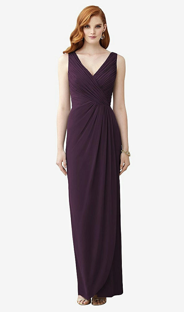 Front View - Aubergine Sleeveless Draped Faux Wrap Maxi Dress - Dahlia