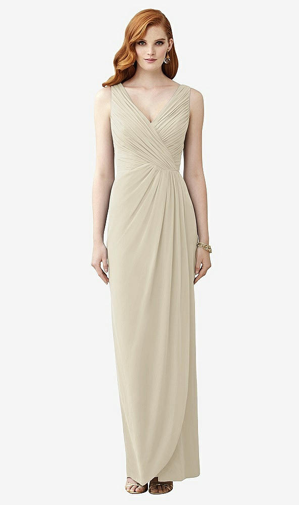 Front View - Champagne Sleeveless Draped Faux Wrap Maxi Dress - Dahlia