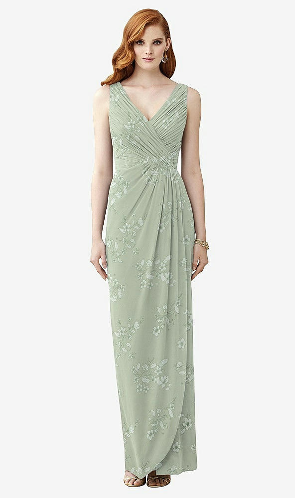 Front View - Vintage Primrose Sage Sleeveless Draped Faux Wrap Maxi Dress - Dahlia